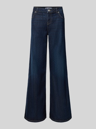 Produktfoto, Wide Fit Jeans aus reiner Baumwolle von REVIEW in Dunkelblau mit 5-Pocket-Design, Knopf- und Reißverschluss, strukturierte Oberfläche, Bundweite 44 cm, Innenbeinlänge 80 cm.