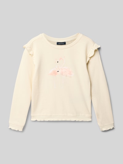 Produktfoto, Sweatshirt mit Rüschen und Rundhalsausschnitt von Blue Seven aus Reine Baumwolle, Regular-Fit, helle Farbe, Motiv vorne
