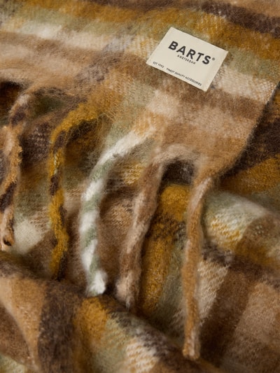 Produktfoto, miękki szal z długim włosiem w odcieniach brązu i beżu, wzór na całej powierzchni, Schal mit Allover-Muster Modell 'Plaity Scarf' von Barts, szal damski