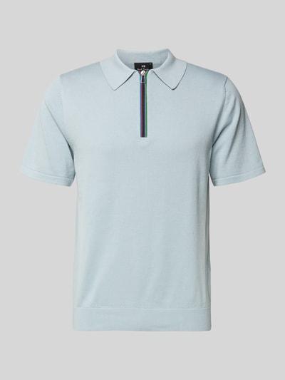 Produktfoto, Regular Fit Poloshirt mit Reißverschluss von PAUL SMITH in Hellblau aus reiner Baumwolle, Kontraststreifen am Zipper, glatte Textur