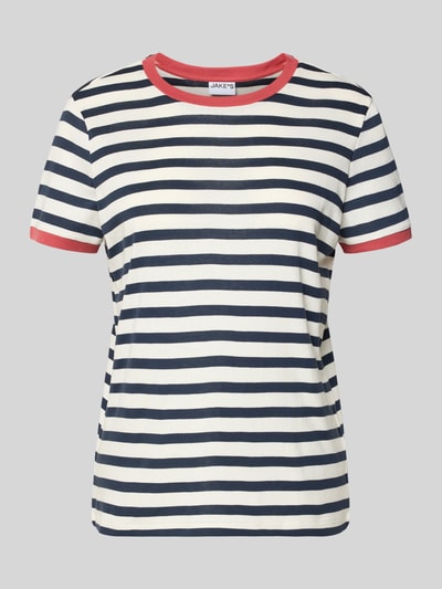 Productfoto, T-Shirt met strepenpatroon en ronde hals van Jake*s Casual, zuiver katoen, regular fit, strepen in marineblauw en wit, rode hals, ruglengte maat S: 58 cm