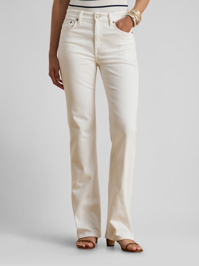 Frauenmodel trägt Straight Fit Jeans aus Baumwoll-Mix von Lauren Ralph Lauren in Creme, unifarben, Denim, 5-Pocket, Nahaufnahme Oberkörper.