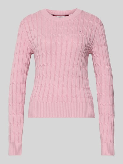 Produktfoto, Slim Fit Strickpullover aus reiner Baumwolle von Tommy Hilfiger, różowy, dzianina, wzór prążkowany, logo, krój slim fit, długie rękawy, okrągły dekolt