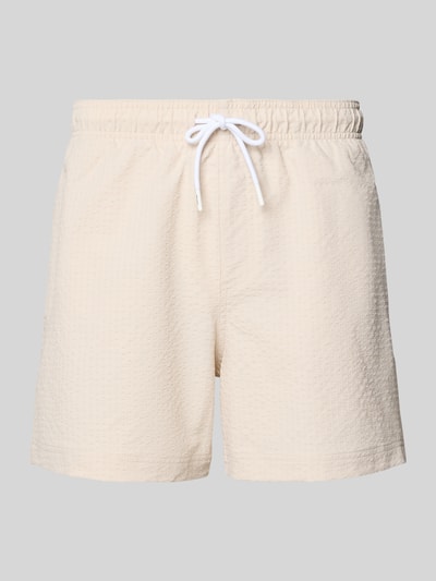 Produktfoto, cremefarbene Badehose aus Seersucker mit elastischem Bund und Kordelzug, Regular-Fit, Modell 'MAUI OCEAN' von Jack & Jones.