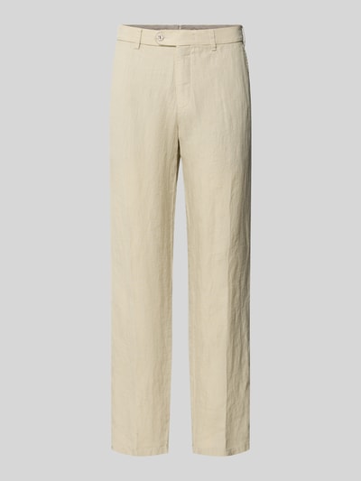 Produktfoto, Straight Fit Leinenhose aus reinen Leinen Modell 'Lynx' von Mmx, beżowy kolor, naturalna tekstura, Szerokość w rozmiarze 32/32: 43 cm, długość nogawki: 81 cm, kieszenie z tyłu, zapinana na guzik i zamek