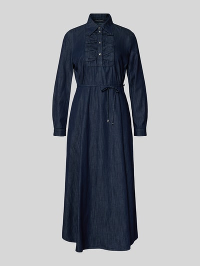 Produktfoto, Midikleid mit Bindegürtel von Luisa Cerano aus reiner Baumwolle, dunkelblau, taillierte Passform, Umlegekragen, Knopfleiste, Raffungen, lange Ärmel, schlichte Textur