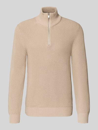 Produktfoto, Slim Fit Strickpullover aus reiner Baumwolle mit Troyer-Kragen von MCNEAL in Beige, langärmlig, gerippte Abschlüsse