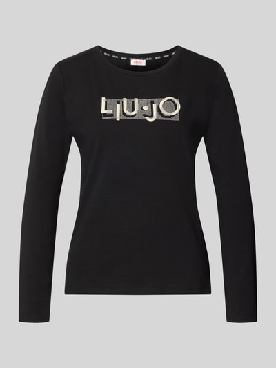 Produktfoto, Langarmshirt aus Baumwoll-Mix von Liu Jo in Schwarz mit Rundhalsausschnitt, Label-Print und Ziersteinen, schmale Passform