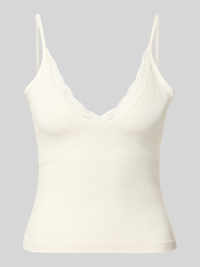 Produktfoto, weißes Slim Fit Trägertop aus Baumwoll-Mix Modell 'KISS' von Only, glatte Textur, Spitzenbesatz am Ausschnitt, Damen