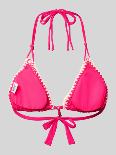 Produktfoto, Bikini-Oberteil mit Schnürung Modell 'ETHNICHIC NUCO' von Banana Moon, mieszanka materiałów z dodatkiem streczu, dopasowany krój, hafty, wiązanie na szyi, wiązanie, intensywny różowy kolor, jasnobeżowe hafty, faktura gładka