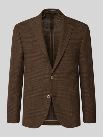 Produktfoto, Slim Fit 2-Knopf-Sakko aus Leinen-Baumwoll-Mix von bugatti in Braun mit Strukturmuster, Reverskragen, Aufgesetzte Taschen. Rückenlänge bei Größe 50: 74 cm, Schulterbreite 46 cm, Ärmellänge 65 cm.