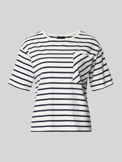 Produktfoto, T-shirt met borstzak en ronde hals van monari, mix van katoen en modal, recht model, labeldetail, ruglengte maat 36: 54 cm, wit met donkerblauwe strepen