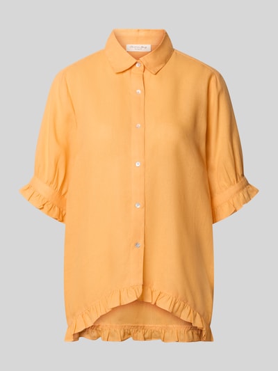 Produktfoto, Bluse mit Leinen-Anteil und Rüschensaum von Christian Berg Woman in Gelb, Viskose-Mix, Regular-Fit, Hemdblusenkragen, Knopfleiste, Rüschenärmel, rückseitig verlängerter Rüschensaum, Rückenlänge 68 cm in Größe 36, Ärmellänge 30 cm in Größe 36
