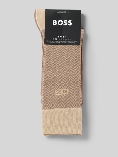 Produktfoto, Strümpfe aus Baumwoll-Mix im 2er-Pack von BOSS in Beige mit Fischgrätenmuster, unifarben, elastischer Bund, Label-Schriftzug