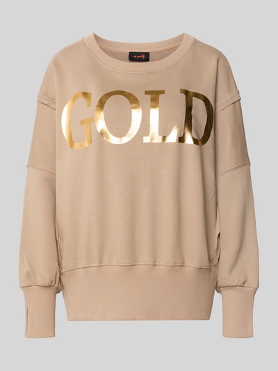Produktfoto, Oversized Sweatshirt aus reiner Baumwolle mit Statement-Print von miss goodlife in Beige mit goldfarbenem Print, elastische Abschlüsse.
