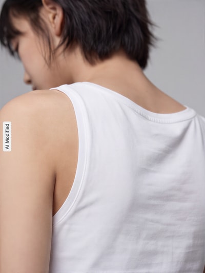 Frauenmodel trägt weißes Tanktop aus Baumwoll-Elasthan-Mix von OPUS, taillierter Schnitt, glatte Textur, Nahaufnahme Rücken, KI-modifiziertes Bild.