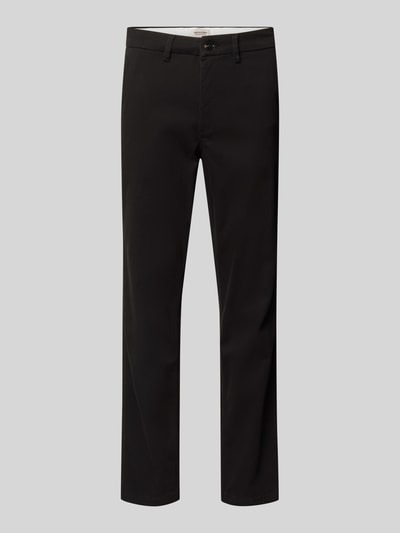 Produktfoto, schwarze Straight Fit Chino mit Gesäßtaschen Modell 'Stollie' von JACK & JONES, Baumwoll-Mix, Knopf- und Reißverschluss, Eingrifftaschen, Herren, Bundweite 44 cm, Innenbeinlänge 75 cm