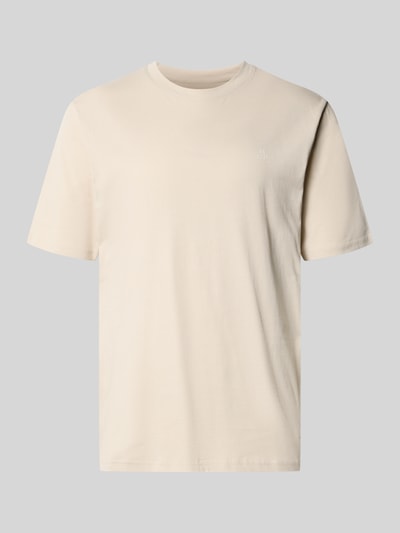 Produktfoto, Regular Fit T-Shirt aus reiner Baumwolle von Marc O'Polo in Unifarbe Beige mit Logo-Print, Rundhalsausschnitt, kurzarm.