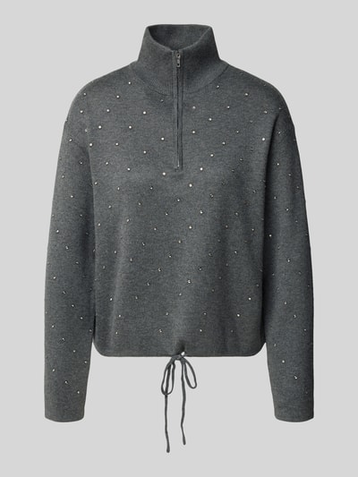 Produktfoto, Strickpullover mit Ziersteinbesatz Modell 'PRISTO' von SUNCOO PARIS, Grau, Stehkragen, Material-Mix mit Leinen-Anteil, Relaxed Fit