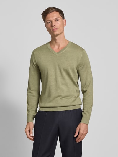 Christian Berg Men Gebreide pullover van een mix van merinowol met V-hals Olijfgroen gemêleerd - 4