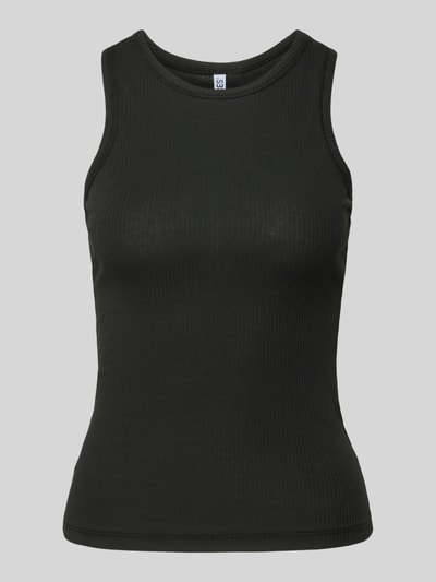 Produktfoto, schwarzes Slim Fit Tank Top aus Baumwoll-Mix Modell 'RUKA BOXER' von Pieces, unifarben, breite Träger, Rippstruktur.