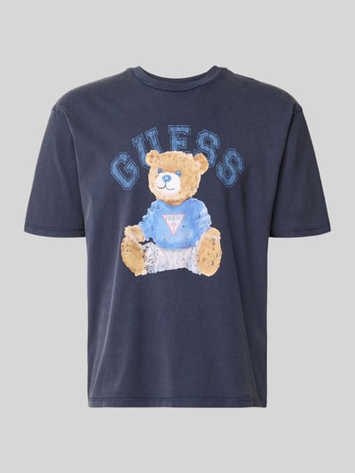 Produktfoto, T-Shirt mit Motiv-Print und Rundhalsausschnitt von Guess in Dunkelblau, reine Baumwolle, Regular Fit, Bärenprint, glatte Textur