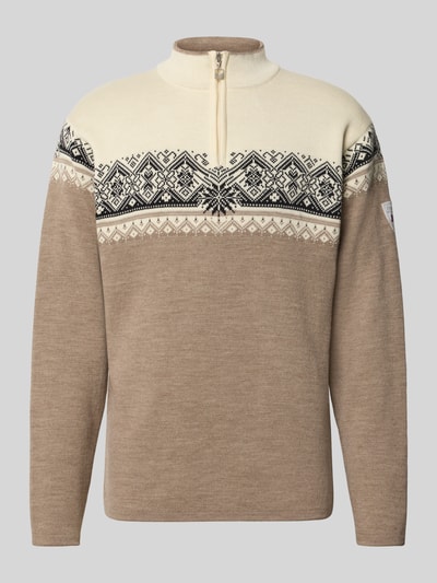 Produktfoto, Wollpullover mit Troyer-Kragen Modell 'Moritz' von Dale of Norway aus reiner Wolle in Beige und Creme mit Norwegermuster, gerader Schnitt, sichtbares Label-Detail, Rückenlänge 72 cm, Ärmellänge 64 cm