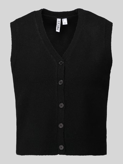 Produktfoto, schwarze Regular Fit Weste mit V-Ausschnitt Modell 'SALLY' von Pieces, unifarbener Strick, Damenmode