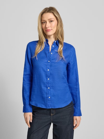 GANT regular fit linnen blouse met labelstitching Koningsblauw - 4