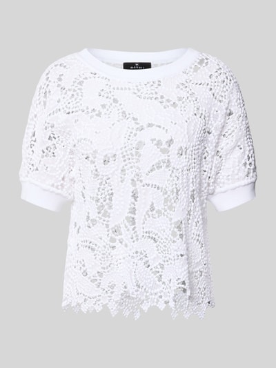 Produktfoto, Strickshirt aus Spitze mit Rundhalsausschnitt von monari, weiße Baumwolle, Regular Fit, florale Textur, kurze Ärmel