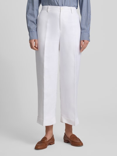 Vrouwenmodel draagt Loose Fit Stoffhose aus Leinen-Viskose-Mix Modell 'SENDON' van Lauren Ralph Lauren, uni, cropped; vooraanzicht halve lichaamsopname.