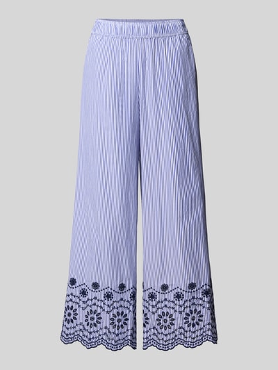 Produktfoto, Wide Leg Stoffhose mit elastischem Bund von B.Young aus Baumwoll-Mix, blau-weiß gestreift, Wellensaum, florale Spitze