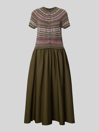 Produktfoto, A-Linien Freizeitkleid aus Woll-Mix mit Kaschmir-Anteil von Polo Ralph Lauren, bunt gemustertes Oberteil, olivgrüner Rock, strukturierte Stoffoberfläche, Damen Freizeitkleid von Polo Ralph Lauren