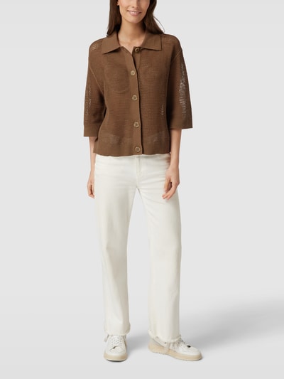 Marc O'Polo Strickbluse aus Baumwoll-Leinen-Mix mit Umlegekragen Mittelbraun 1