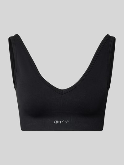 Produktfoto, schwarzes Bustier mit Stretch-Anteil von aim'n, breiter Rippbund, tiefem V-Ausschnitt, eng anliegender Passform, Label-Detail