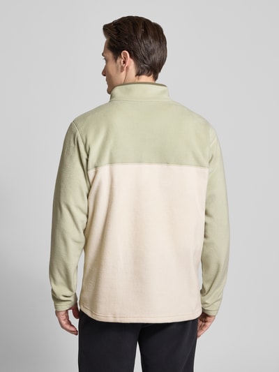 Männermodel trägt Fleecepullover mit Stehkragen und Labeldetail von Columbia in regular fit, Model 'STEENS MOUNTAIN', ruglengte maat M 70 cm, mouwlengte 66 cm, kleuren lichtgroen en beige, doorgestikte details, knoopsluiting, Ganzkörperansicht Rückansicht.