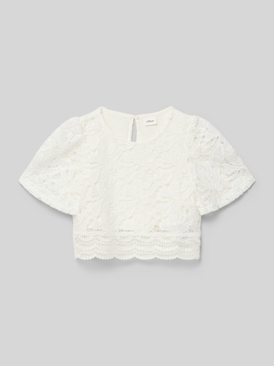 Produktfoto, Regular Fit Crop Top aus Spitze von s.Oliver RED LABEL in Optik: Unifarben mit Spitzen-Muster, Rundhals, Kurzarm, Materialverarbeitung: Spitze