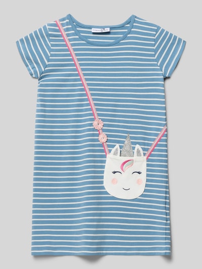Productfoto, Relaxed Fit Kleid mit Zierbesatz van Happy Girls in elastische katoenmix, blauw-wit gestreept met ronde hals en korte mouwen