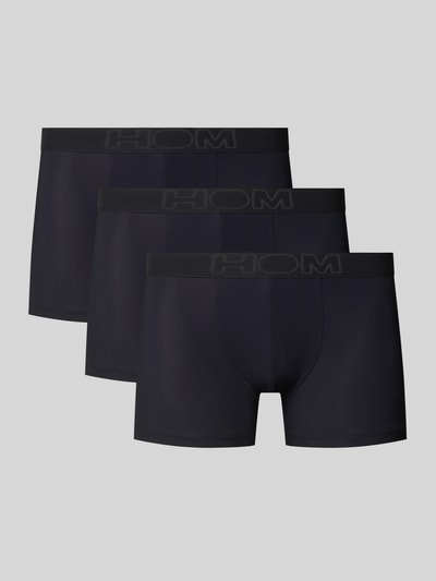 Produktfoto, Boxershorts mit elastischem Logo-Bund im 3er-Pack von HOM, czarny kolor, dopasowany krój, Mieszanka materiałów z dodatkiem streczu, pasek z logo