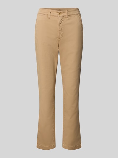 Produktfoto, Slim Fit Hose in verkürzter Passform Modell 'GABBY' von Lauren Ralph Lauren aus beigem Baumwoll-Elasthan-Mix mit Eingrifftaschen und Gesäßtaschen, Bundweite 39 cm, Innenbeinlänge 74 cm, glatte Struktur.