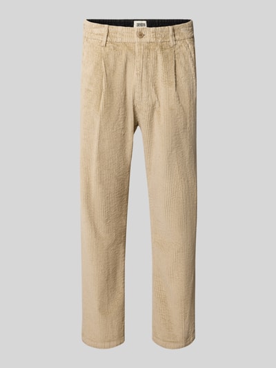 Produktfoto, beige Straight Fit Hose aus Baumwoll-Mix Modell 'Chasy' von DRYKORN, Cord-Optik, sichtbare Gesäßtaschen, schlichte Textur, Vorderansicht, elastischer Bund, Knopf- und Reißverschluss, Bundweite und Innenbeinlänge gemäß Größe 32/32, eleganter Look.