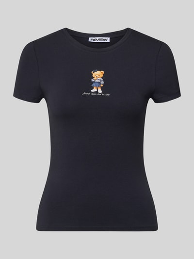 Produktfoto, Slim Fit T-Shirt mit Logo-Print Modell 'Sweet' von Review, czarny, krój slim fit, elastyczna mieszanka bawełny, dekolt okrągły, długość tyłu w rozmiarze S: 52 cm