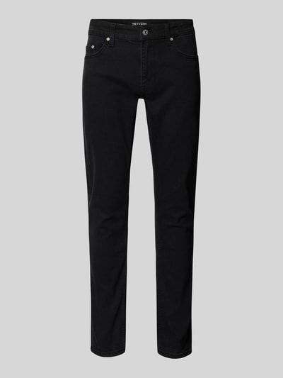 Produktfoto, schwarze Slim Fit Jeans aus Baumwoll-Mix Modell 'LOOM' von Only & Sons, unifarben, Denim mit 5-Pocket-Design und Label Patch.