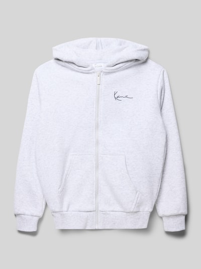 Produktfoto, Regular Fit Sweatjacke mit Kapuze von KARL KANI aus hellgrauem Material-Mix mit Logo-Print, Känguru-Tasche und Reißverschluss