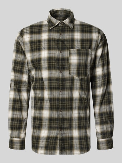 Produktfoto, Slim Fit Freizeithemd aus reiner Baumwolle Modell 'James' von JACK & JONES, kariertes Muster in Grün, Beige, Grau, Brusttasche, Kentkragen, langärmelig, Baumwolltextur, Herren Freizeithemd