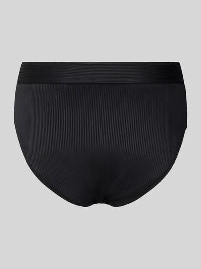 Produktfoto, Bikini-Slip mit Label-Detail von Marie Jo in Schwarz, feine Rippenstruktur, elastischer Bund, körpernaher Schnitt, Material-Mix