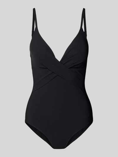 Produktfoto, schwarzer Badeanzug mit tiefem V-Ausschnitt, Stretch-Material, Shaping Fit, Modell 'SOLID' von Barts vor grauem Hintergrund
