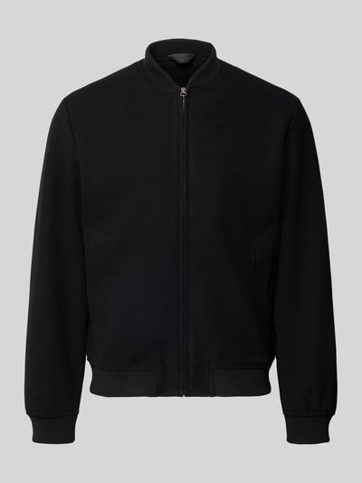 Produktfoto, schwarze Relaxed Fit Bomberjacke mit Stehkragen Modell 'JAMES' von JACK & JONES, elastische Abschlüsse, glatte Textur