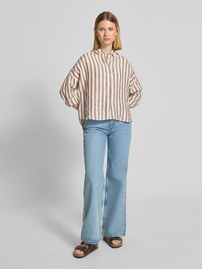 0039 Italy Bluzka lniana o kroju regular fit z obniżonymi ramionami Czekoladowy 1