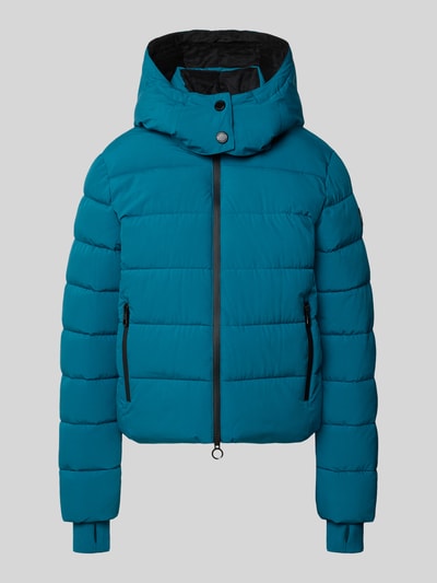 Produktfoto, turquoise gewatteerd damesjack met capuchon, tweewegritssluiting, zij-ritszak, duimgat, model 'GALAXY' van NAUTGÅRD, recht model, ruglengte maat S 58 cm, schouderbreedte 40 cm, borstwijdte 48 cm, mouwlengte 65 cm